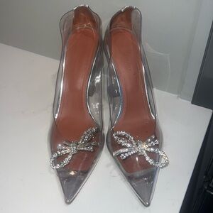Amina Muaddi Clear and Silver Heels